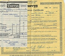 CURRYS LTD 1971 INSURANCE CERTIFICATE & RECIPT FOR  SPIN DRYER - NEWARK BRANCH