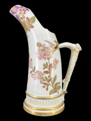 Antique Royal Worcester Blush Ivory Ewer Pitcher Horn Antler Handle Floral 10''