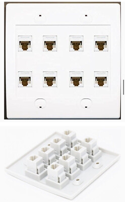 RiteAV 8 Port Flat Dual 2 Gang Ethernet Cat5e RJ45 Network Wall Plate - White