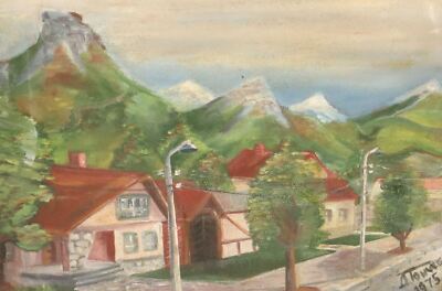 70s realist oil painting town landscape