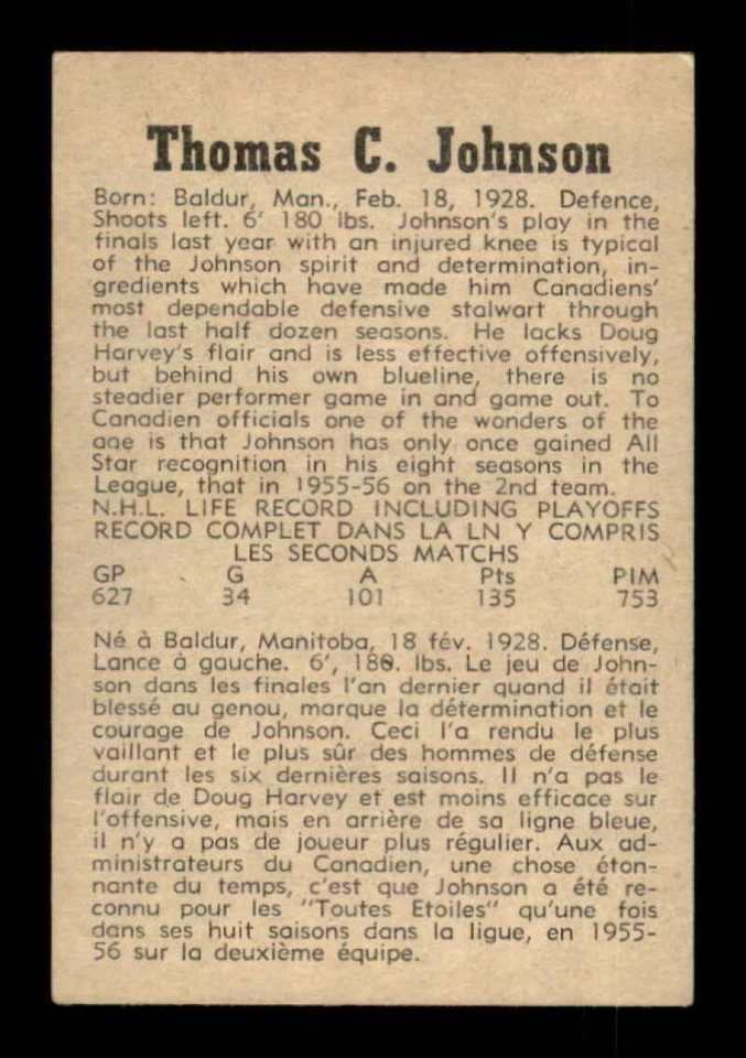 1958-59 Parkhurst #10 Tom Johnson EX/EX+ Canadiens 549816 Foto 2 de 2