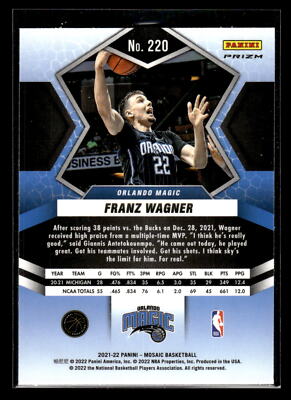2021 Panini Mosaic #220 Franz Wagner Rookie Green Prizm Mint+ New
