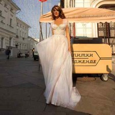 Simple A Line Wedding Dresses Short Sleeve Appliques Tulle Beach Bridal Dresses
