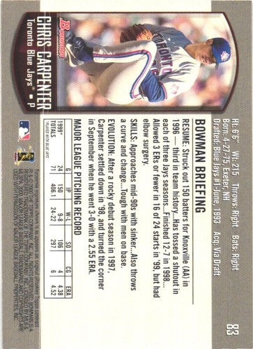 2000 Bowman #83 Chris Carpenter Toronto Blue Jays - Picture 2 of 2