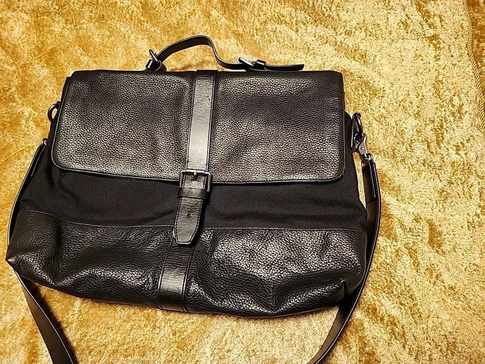 John Varvatos Hombre Cuero Negro/Nylon Portátil Mensajero Maletín Bolso Foto 3 de 4