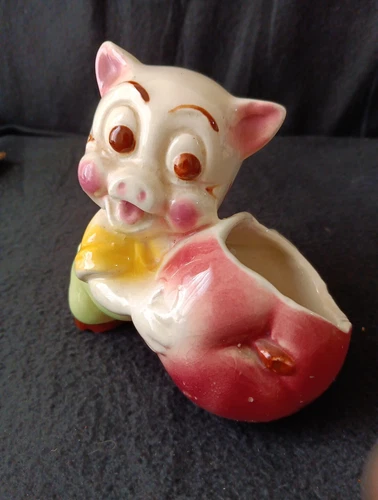 Shawnee Happy Pig with Green Apple Ceramic Planter - 1950's Vintage