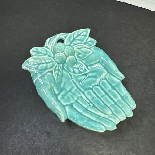 Vintage Nelson McCoy Pottery Open Hands Trinket Dish Turquoise Green  USA *Read