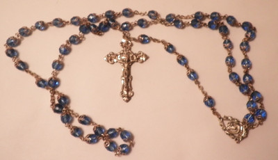 Beautiful Ornate Sterling & Filligree Capped Blue Bead Catholic Rosary-24'' Long