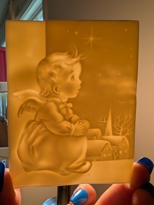 Vintage Angel Child Winter Scene Porcelain Lithopane Panel