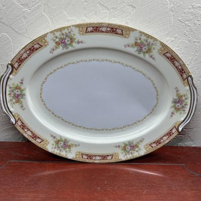 NORITAKE  TOKI KAISHA SERVING PLATTER 12'' x 9'' FLORAL SPRAY RED SCROLL - Japan