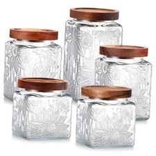 5 Pcs Sunflower Vintage Glass Jars with Bamboo Airtight Lid 17/24/34 oz Square