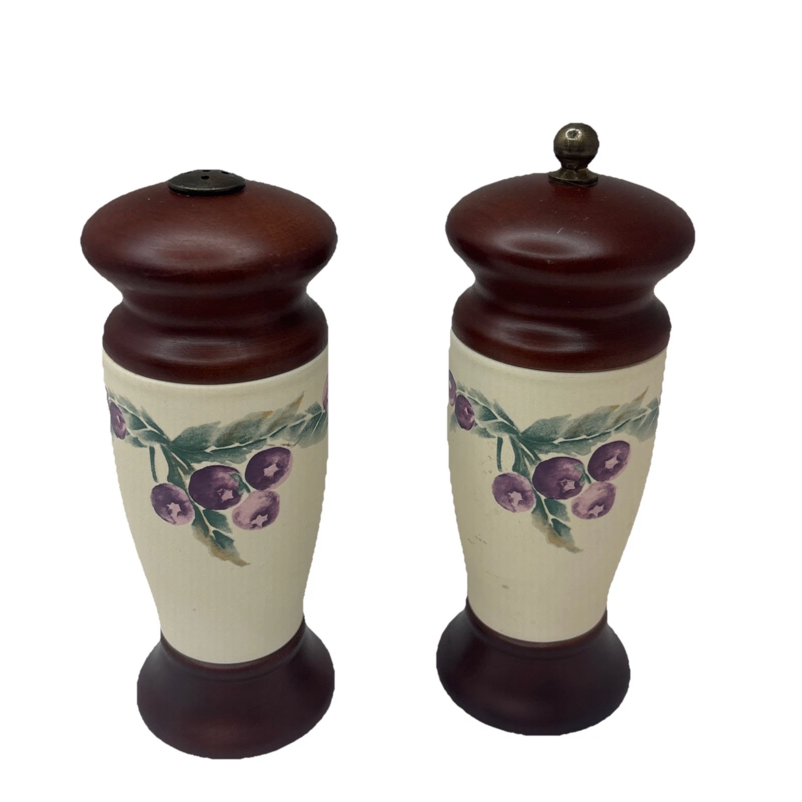 Vintage Mr Dudley Wood Ceramic Pepper Mill & Salt Shaker Set Blueberry White 6in