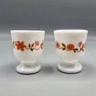 Vintage White Milk Glass Floral Egg Cups Set Of 2 Orange Pink Flowers France 2"