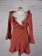 Women’s Rust Polka Dot Dress Size 14 In The Style Wrap Over Frill Detail New Tag