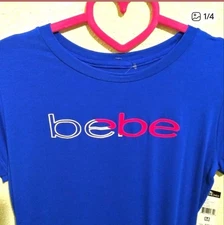 Bebe Royal Blue T Shirt Women’s Size  M. Short Sleeve Pink white Logo 