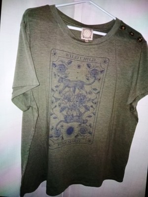 True Self Olive Green Graphic Wild Child 2X Plus Button Accent T-Shirt