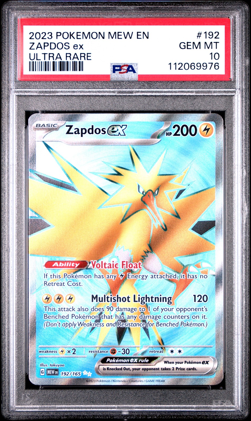 2023 POKEMON MEW EN-151 ULTRA RARE #192 ZAPDOS EX PSA 10