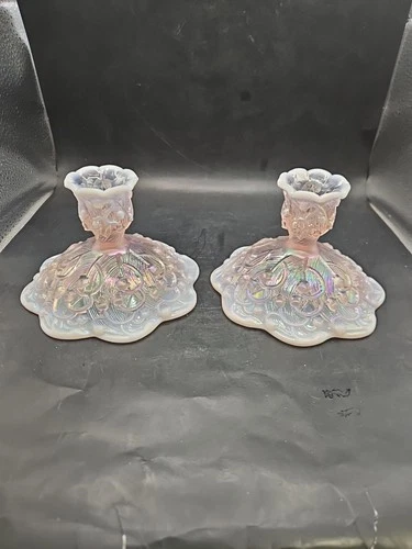 Pair Of  Fenton Lily Of The Valley Pink Opalescent Iridescent Candle Holders