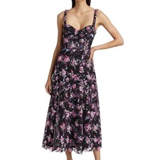 ML Monique Lhuillier Manon Floral Lace Midi Cocktail Dress Black Multi Size 4