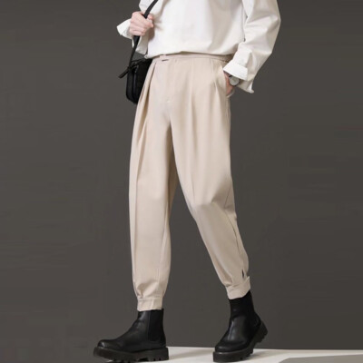 Men Pleated Capri Pants Elastic Waist Crop Trousers Tapered Joggers Jogging  Chic
