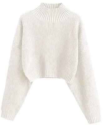 Women's Cropped Turtleneck Sweater Lantern Sleeve Ribbed Knit