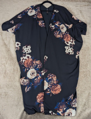 Melissa McCarthy Women's Floral Kimono Tunic Top Size L Black Multi-Color