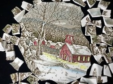 Broken China Mosaic Tiles FRIENDLY VILLAGE Red Schoolhouse Winter Focal  65 pcs
