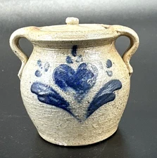 1990 Rowe Pottery Miniature Crock Salt Glaze Blue Heart Canister 1.5" Handle Lid