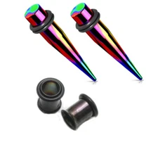 1 Gauge 1g 7mm Rainbow Steel Tapers Black Tunnels Ear Stretching Kit Gauges 1ga