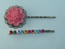 VINTAGE PINK FLOWER  RHINESTONE BOBBY PINS HAIR PINS UP DO HAIR ACCESSORY