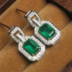 Authentic 2Ct Emerald Lab-Created Green Emerald Halo Dangle Earrings 14K White Gold Plated