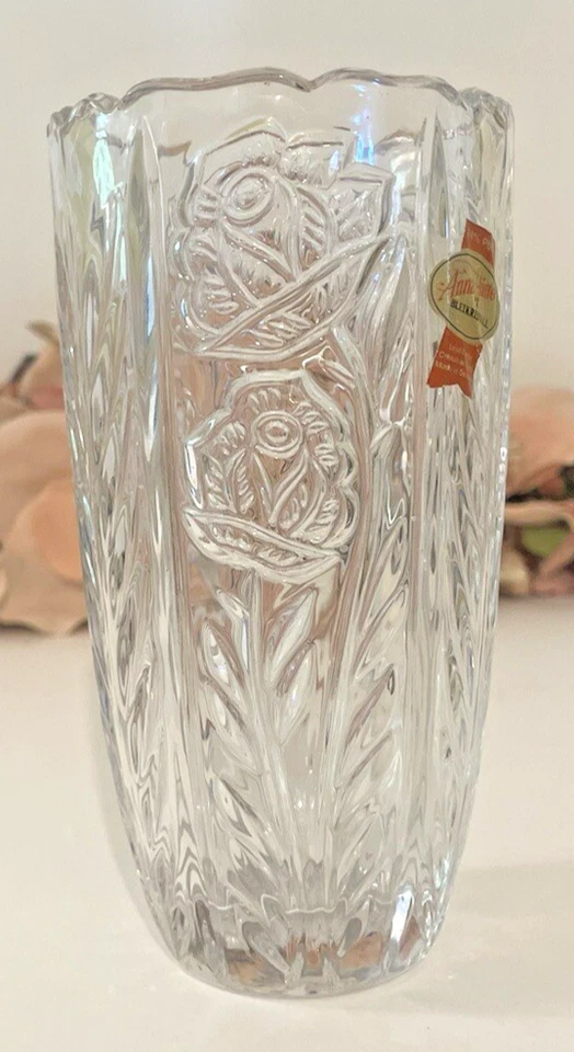 "Florero Anna Hutte 24 % cristal de plomo plomo 6,5"" rosas transparente Alemania etiqueta gruesa" Foto 3 de 4