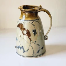 Vtg Art Pottery Pitcher Jug Hand Thrown Raised Design Asian Marking Glazed 1982 