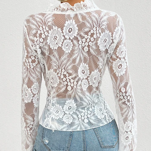 Sexy Damenbluse mit Blumenspitze zum Binden vorne durchsichtig V-Ausschnitt Cardigan Rüschenbluse - Bild 12 von 28