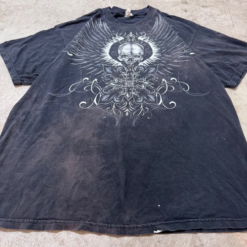 Vintage Y2K Style Skull Wings Graphic Tee Grunge Distressed Black Tee XL - Picture 3 of 7