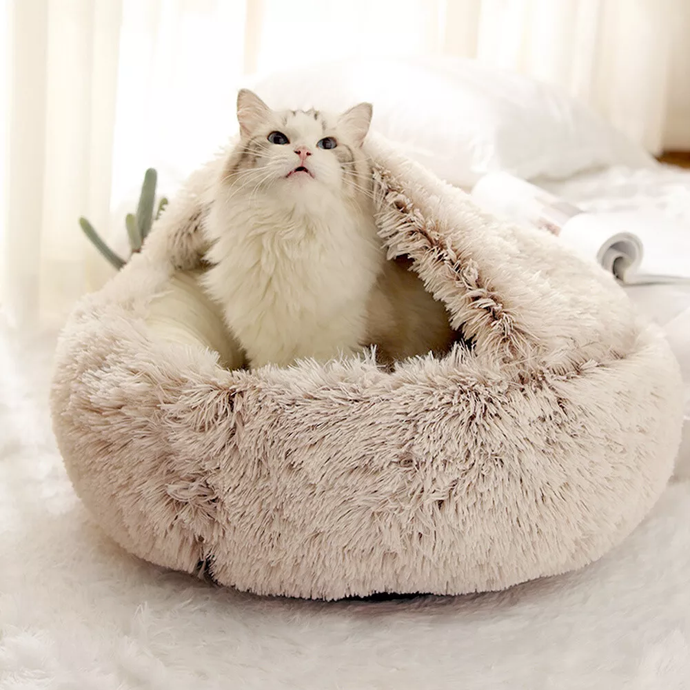 Pet Cat Calming Bed Hooded Soft Warm Plush Cave Nest Cushion Sleeping Mats House