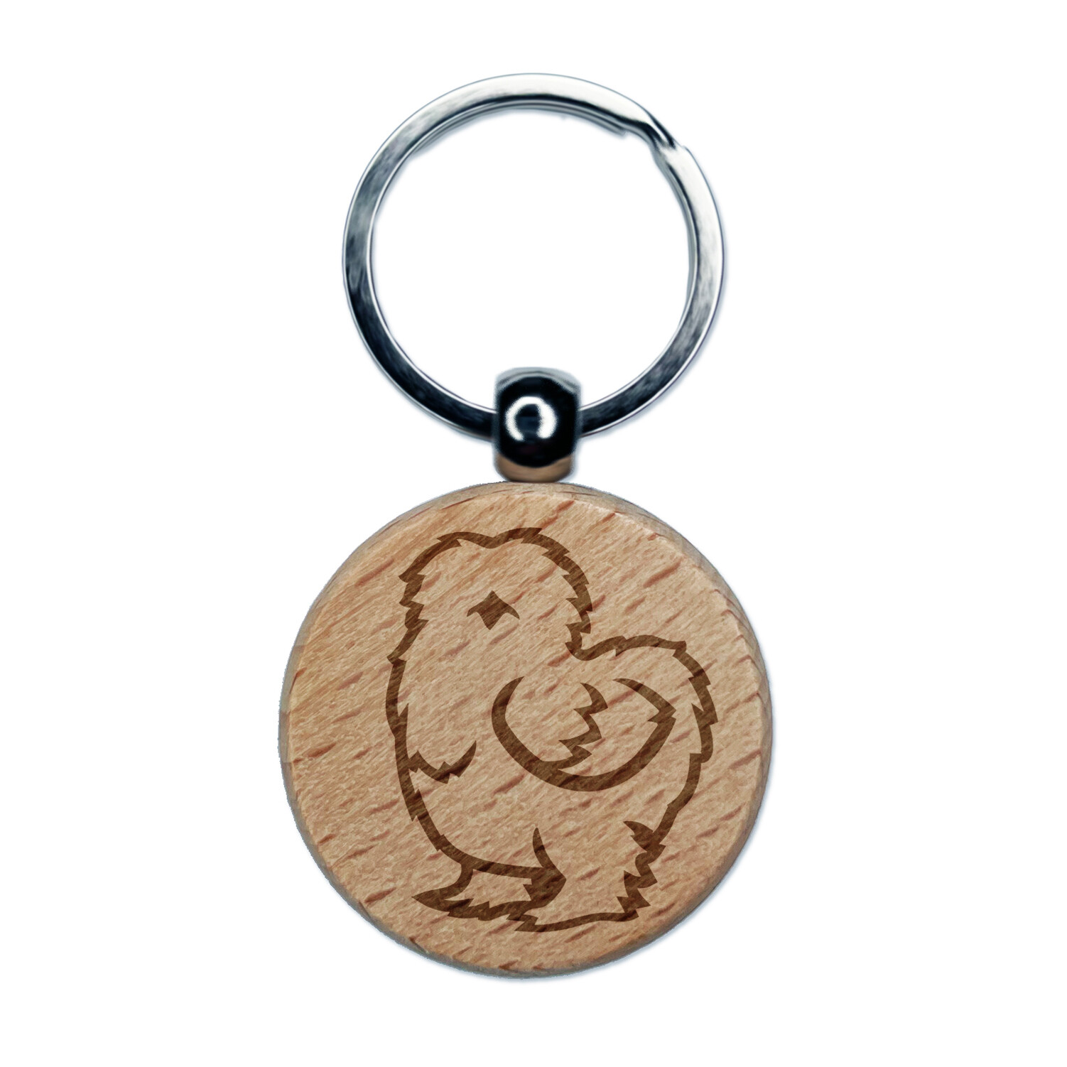 Fluffy Silkie Chicken Engraved Wood Round Keychain Tag Charm