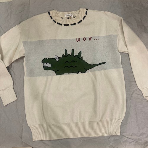 Womens Cotton Crew Neck White Pullover Sweater Crocodile Cartoon Raglan Sleeve - Picture 9 of 13