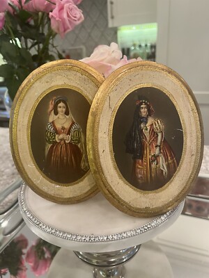 Florentine Pair Wall Art Gold Gilt Ladies Italian Frames Victorian Women Vtg