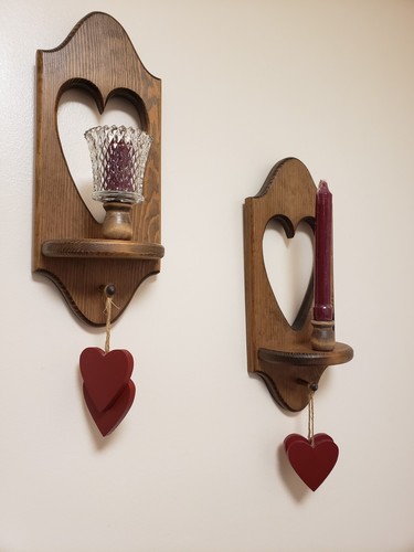 Pair of Vintage WOODEN HEART SCONCES Candle Wall Hangings 15" W/2 Hanging Hearts - Picture 12 of 21