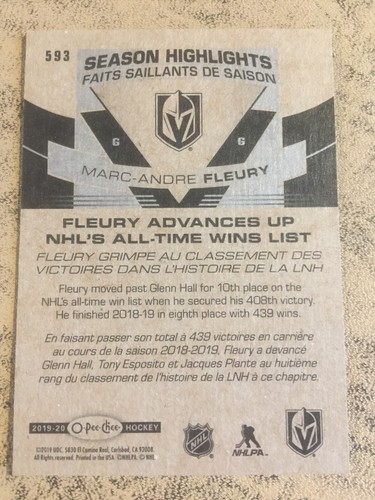 MARC-ANDRE FLEURY 2019-20 O-Pee-Chee Hky Highlights stagione #593 alto # cavalieri - Foto 2 di 2