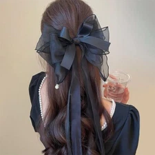 Long Hair Bows with Ribbons Lace Tulle and Pearls - Decorative Hair Clips Bar...