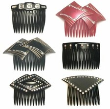 Vintage Charles Wahba Hair Side Comb Black Pink Ornate Crystal Made in France