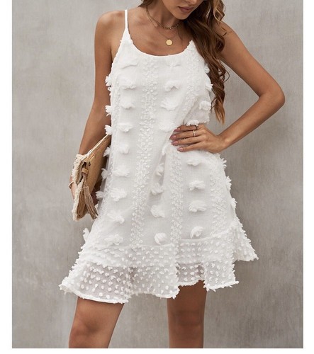 &merci Women’s Floral embellishment POM POM Mini Dress Adjustable Straps Large