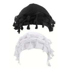 A Set of Two Black And White Tassel Kufi Hats, Featuring a Double-Layered Loose
