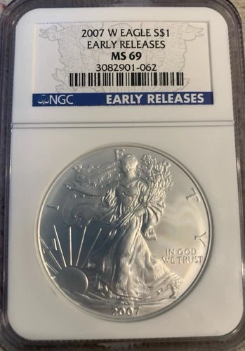 2007-W (Burnished) Silver American Eagle Early Release :: NGC MS-69