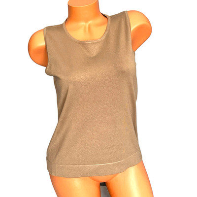 August Blouse Sz L Tan Sleeveless Scoop Neck Silk Blend Stretch