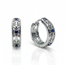 Sterling Silver 925 Blue Hollow Patterned Hoop Huggie Earrings Jewels Womens UK