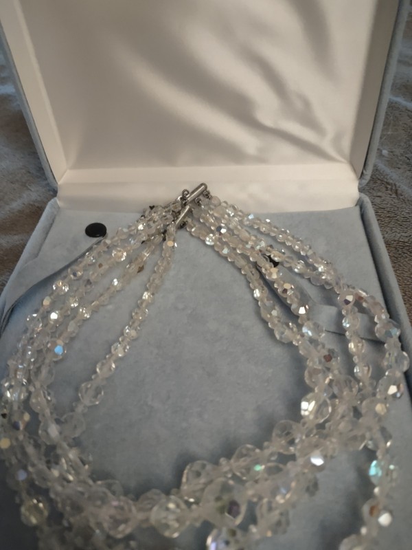 Vintage Four 4 Strand Aurora Borealis AB Crystal Faceted Graduated Necklace