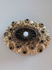 Vintage Sphinx A829 Victorian Revival Gold Tone Black Rhinestone Enamel Brooch